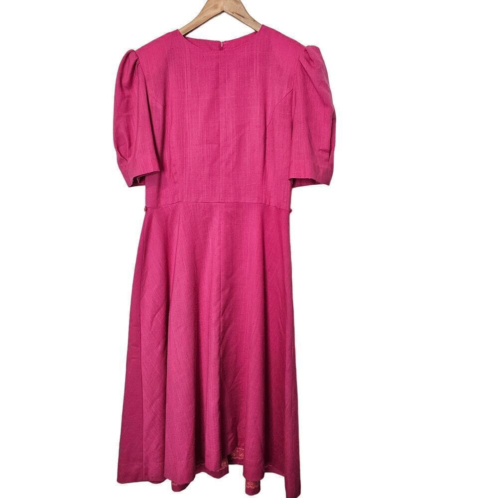 Vintage Pinup Dress Womens Size Large Pink 70s Pleated Preppy Midi Handmade